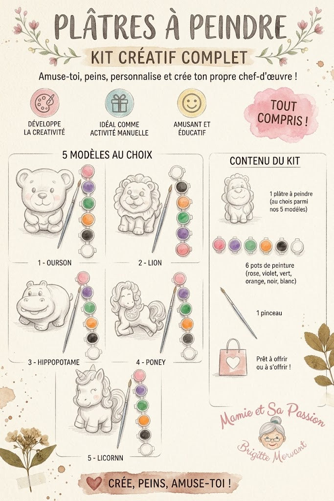 Plâtres à Peindre – Kit Créatif avec 6 Pots de Peinture et 1 Pinceau